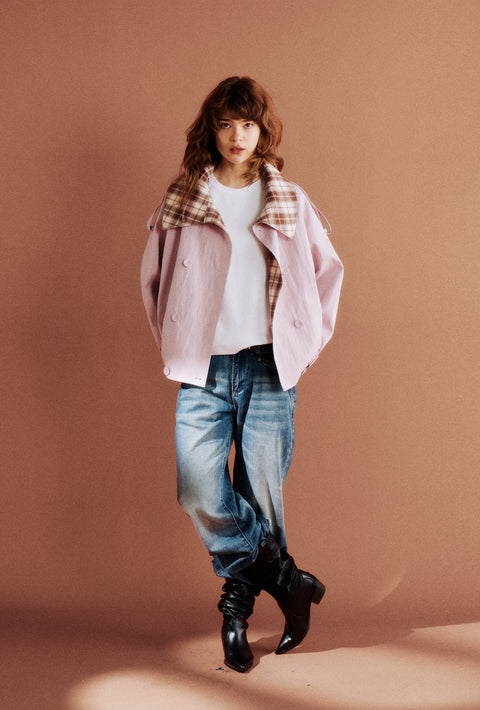 ROSE FOSSIL PLAID LAPEL TRENCH COAT