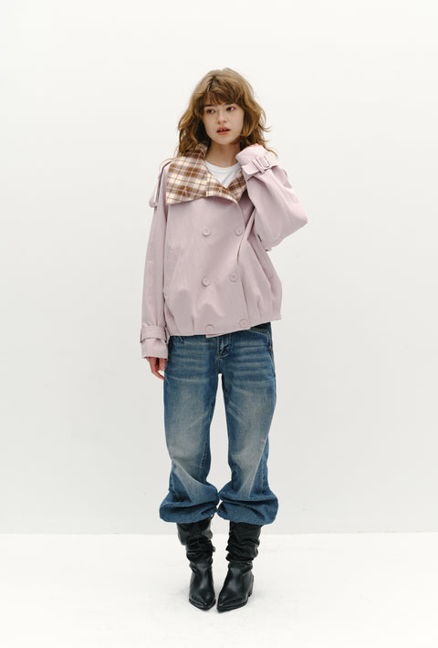 ROSE FOSSIL PLAID LAPEL TRENCH COAT