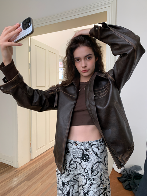 ROSE FOSSIL RUBBED LEATHER JACKET