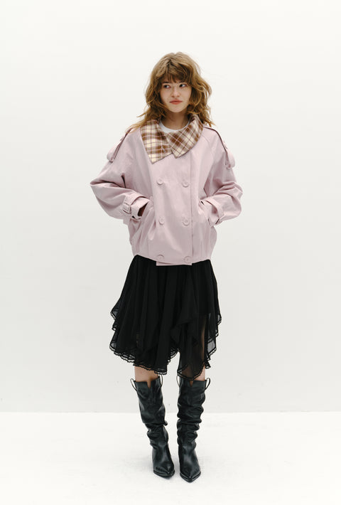 ROSE FOSSIL PLAID LAPEL TRENCH COAT