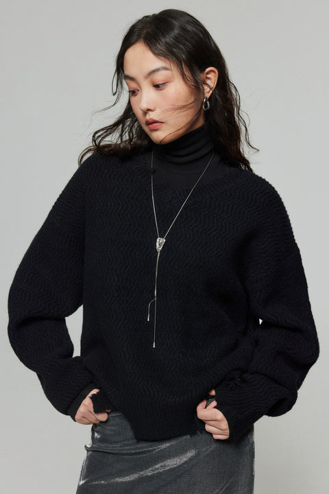 SIMPLE PROJECT WOOL DISTRESSED V-NECK SWEATER