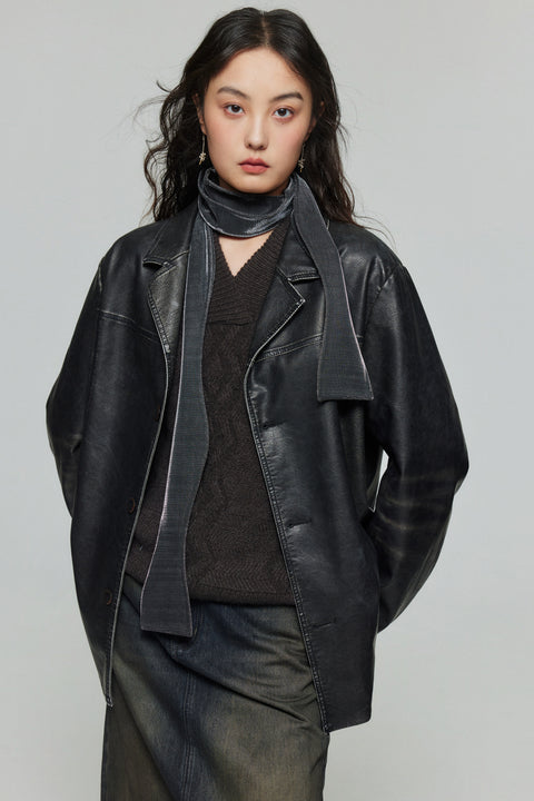 SIMPLE PROJECT VINTAGE STYLE LEATHER JACKET