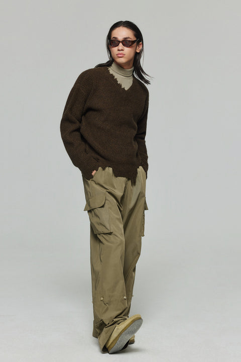 SIMPLE PROJECT WOOL DISTRESSED V-NECK SWEATER