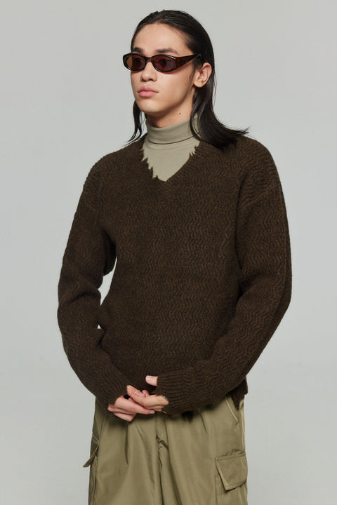 SIMPLE PROJECT WOOL DISTRESSED V-NECK SWEATER
