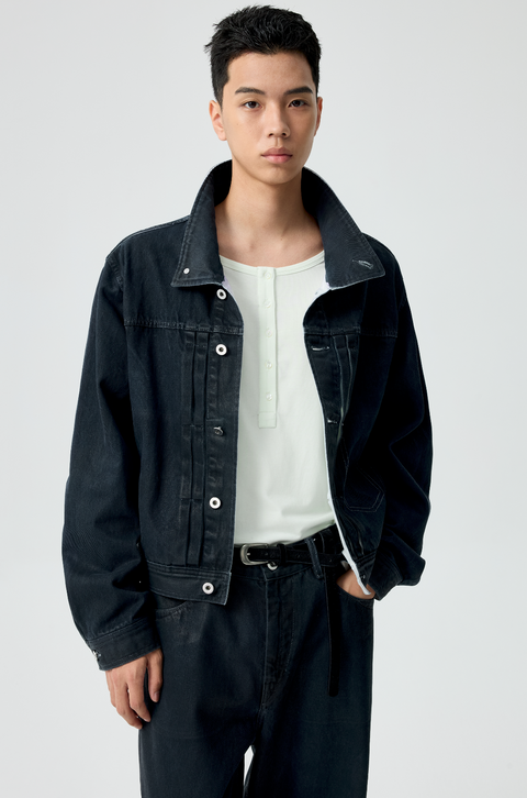 SIMPLE PROJECT PU-COATED DENIM JACKET