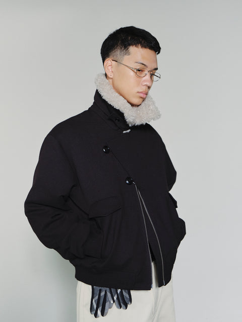 SAIRENSSEI ASYMMETRIC PLACKET FUR-COLLAR JACKET