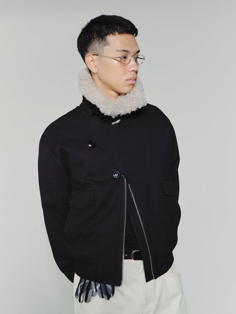 SAIRENSSEI ASYMMETRIC PLACKET FUR-COLLAR JACKET
