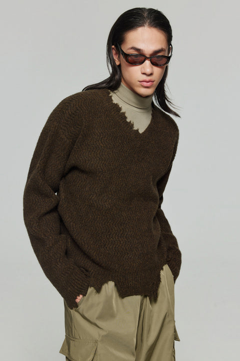 SIMPLE PROJECT WOOL DISTRESSED V-NECK SWEATER