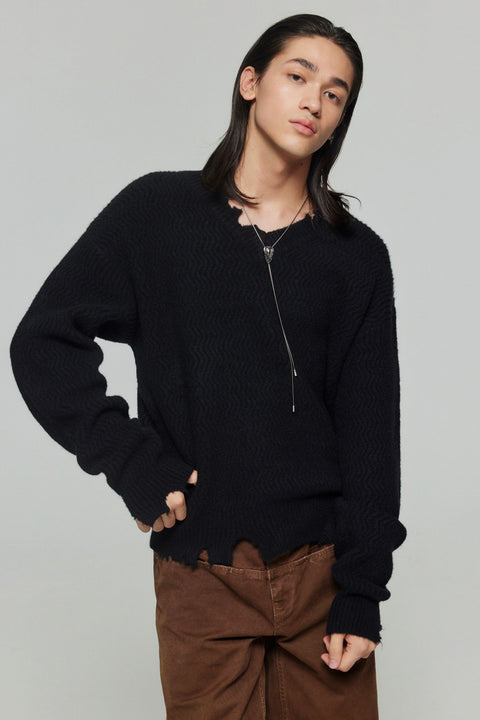 SIMPLE PROJECT WOOL DISTRESSED V-NECK SWEATER