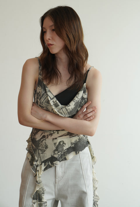 ROSE FOSSIL NEWSPAPER PRINT ASYMMETRICAL TWO-PIECE CAMISOLE TOP