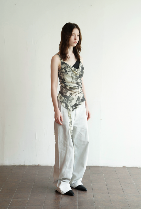 ROSE FOSSIL NEWSPAPER PRINT ASYMMETRICAL TWO-PIECE CAMISOLE TOP