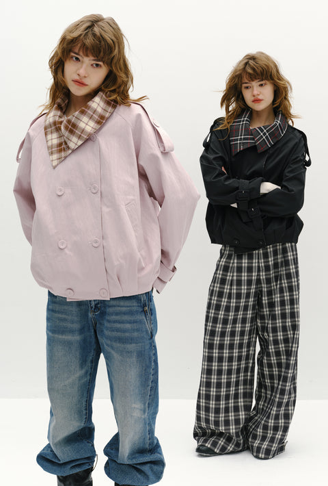 ROSE FOSSIL PLAID LAPEL TRENCH COAT