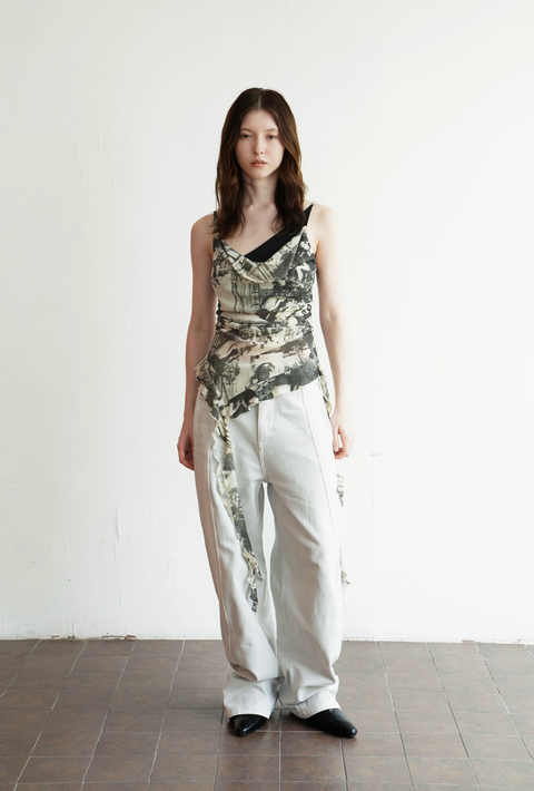 ROSE FOSSIL NEWSPAPER PRINT ASYMMETRICAL TWO-PIECE CAMISOLE TOP