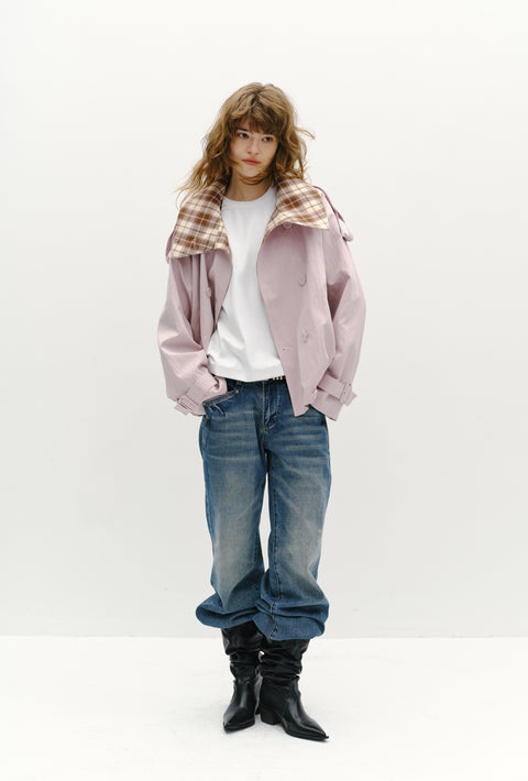 ROSE FOSSIL PLAID LAPEL TRENCH COAT