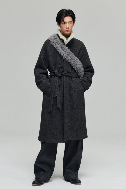 SIMPLE PROJECT WOOL PATCHWORK BELTED COAT