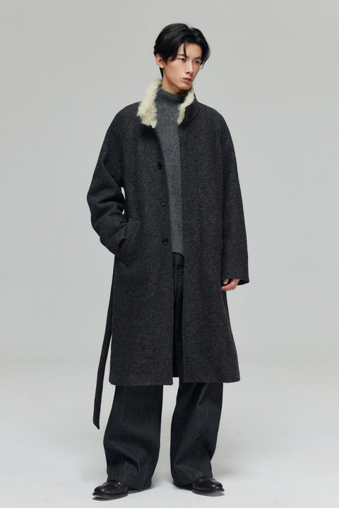 SIMPLE PROJECT WOOL PATCHWORK BELTED COAT