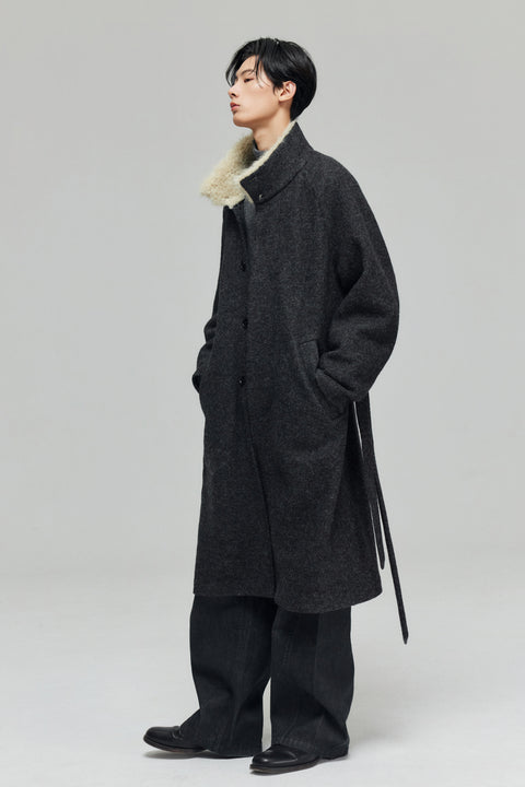 SIMPLE PROJECT WOOL PATCHWORK BELTED COAT