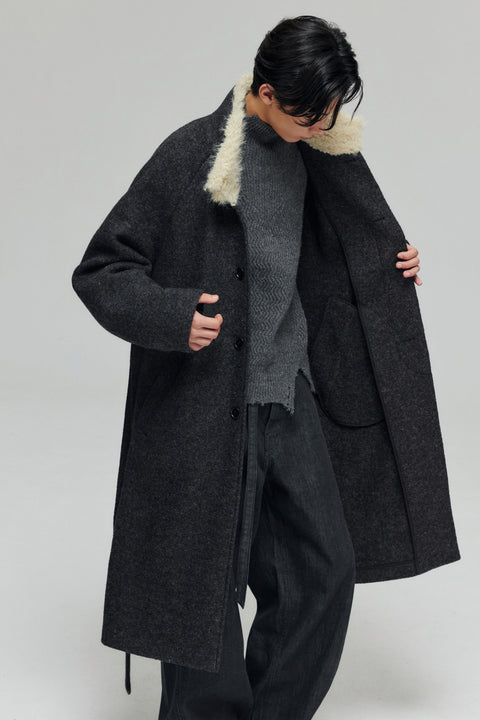 SIMPLE PROJECT WOOL PATCHWORK BELTED COAT