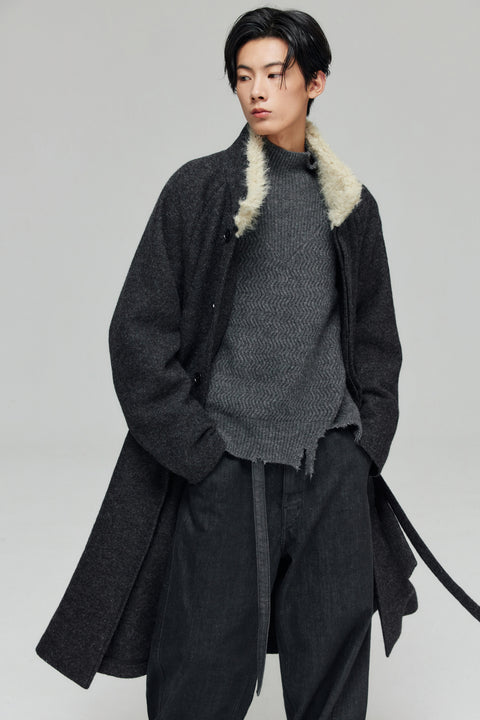 SIMPLE PROJECT WOOL PATCHWORK BELTED COAT