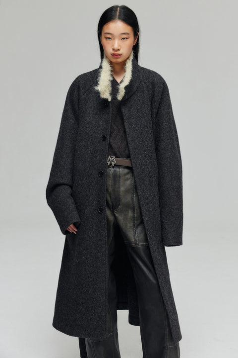 SIMPLE PROJECT WOOL PATCHWORK BELTED COAT