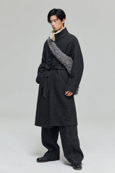 SIMPLE PROJECT WOOL PATCHWORK BELTED COAT