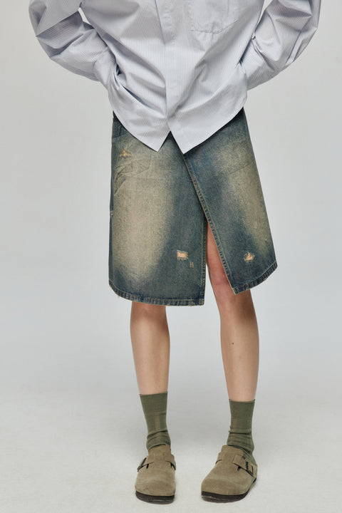 SIMPLE PROJECT WAXED DISTRESSED DENIM SKIRT