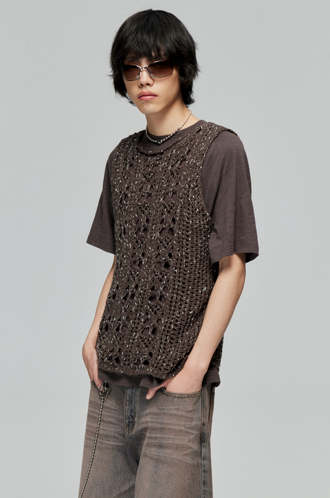 SIMPLE PROJECT WOOL BLEND HOLLOW-OUT KNITTED VEST