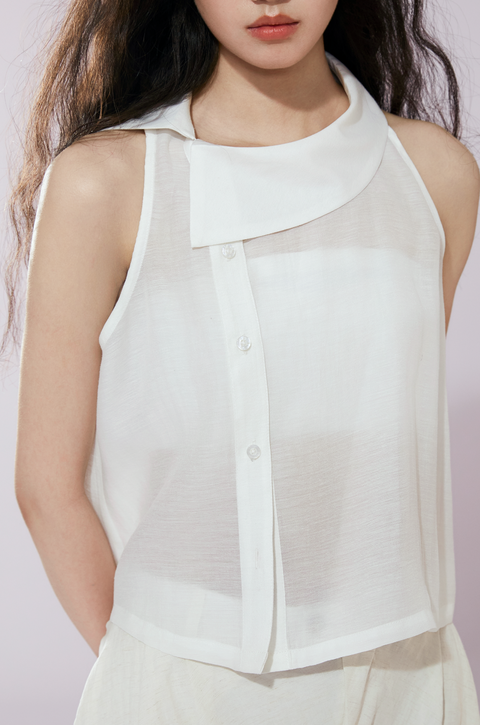 VAPOURBLUE SHEER ASYMMETRICAL NECKLINE TOP