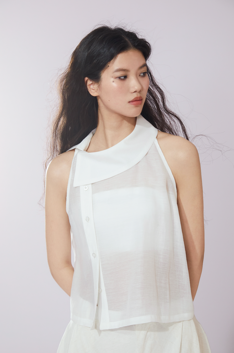 VAPOURBLUE SHEER ASYMMETRICAL NECKLINE TOP