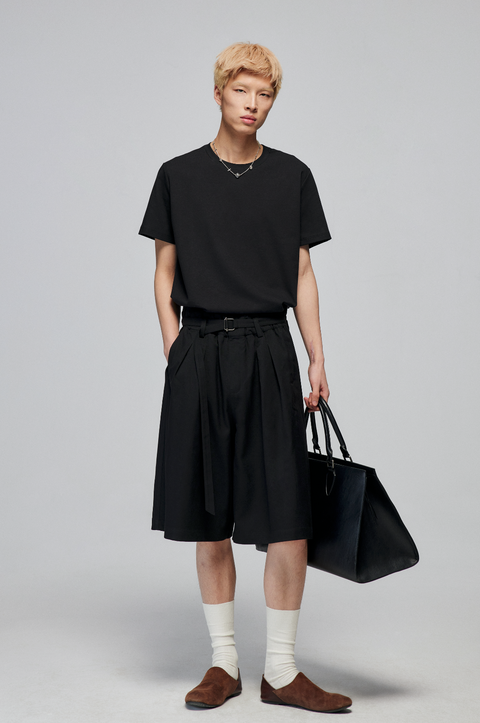 SIMPLE PROJECT BLENDED LOOSE BELT TROUSER SHORTS