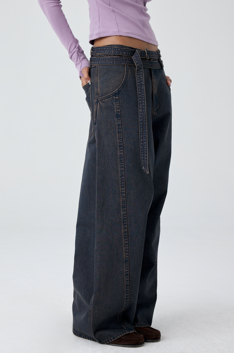 SIMPLE PROJECT BELTED BROWN KENDO JEANS