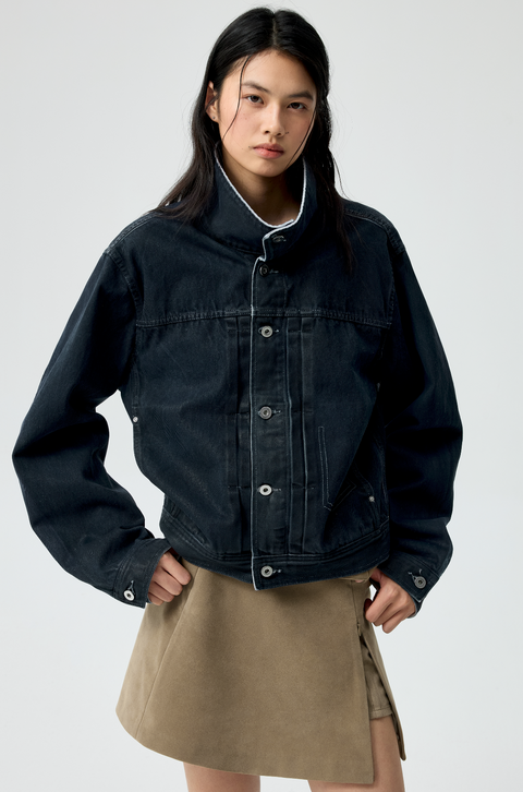 SIMPLE PROJECT PU-COATED DENIM JACKET