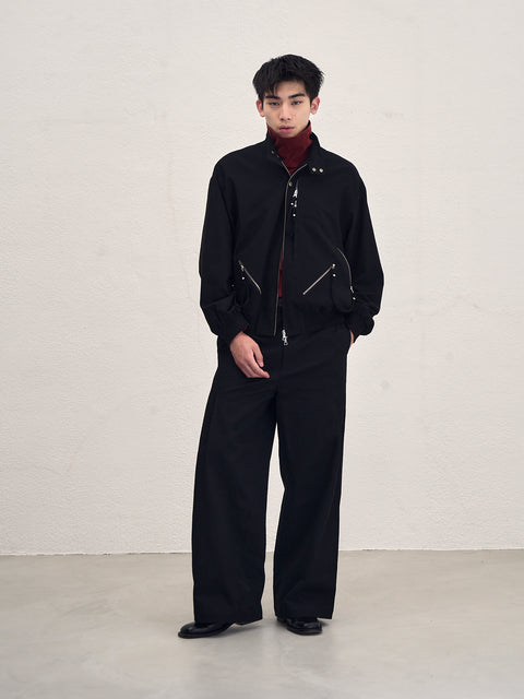 SAIRENSSEI BLACK SIDE-SEAM DOUBLE PLEATED TROUSERS