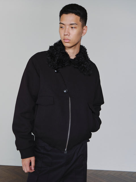 SAIRENSSEI ASYMMETRIC PLACKET FUR-COLLAR JACKET