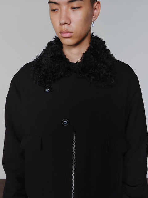 SAIRENSSEI ASYMMETRIC PLACKET FUR-COLLAR JACKET