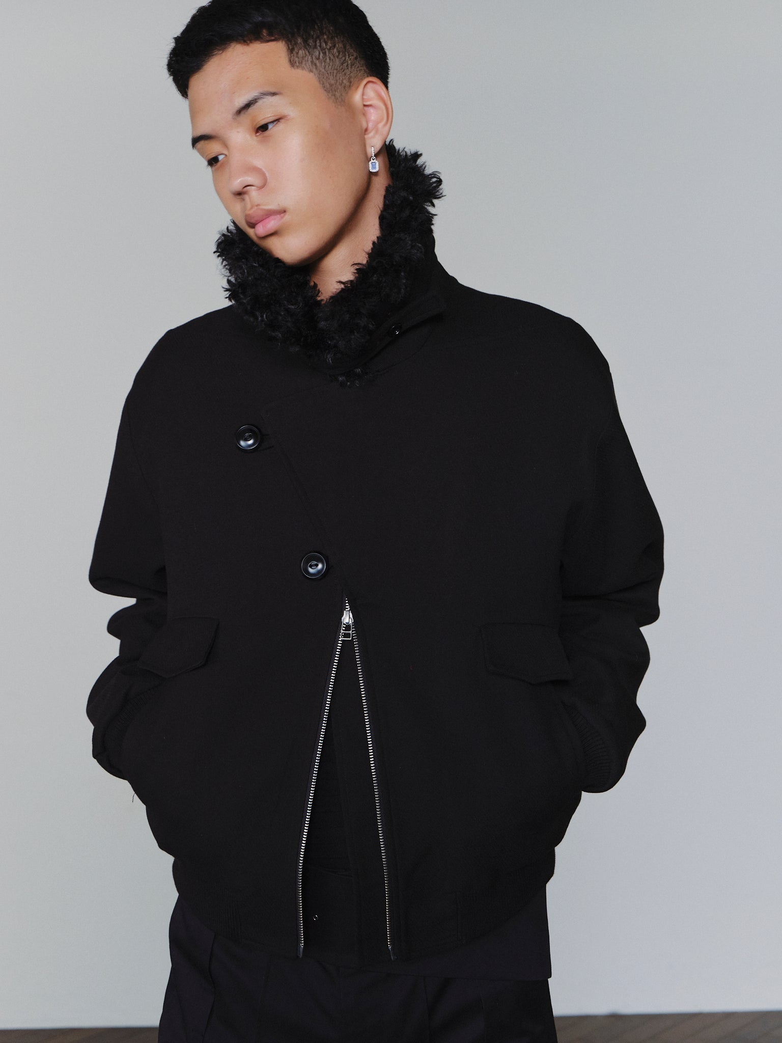 ジャケット・アウター Asymmetric Placket Fur-Collar Jacket SAIRENSSEI ASYMMETRIC PLACKET FUR-COLLAR JACKET – Remold Lab