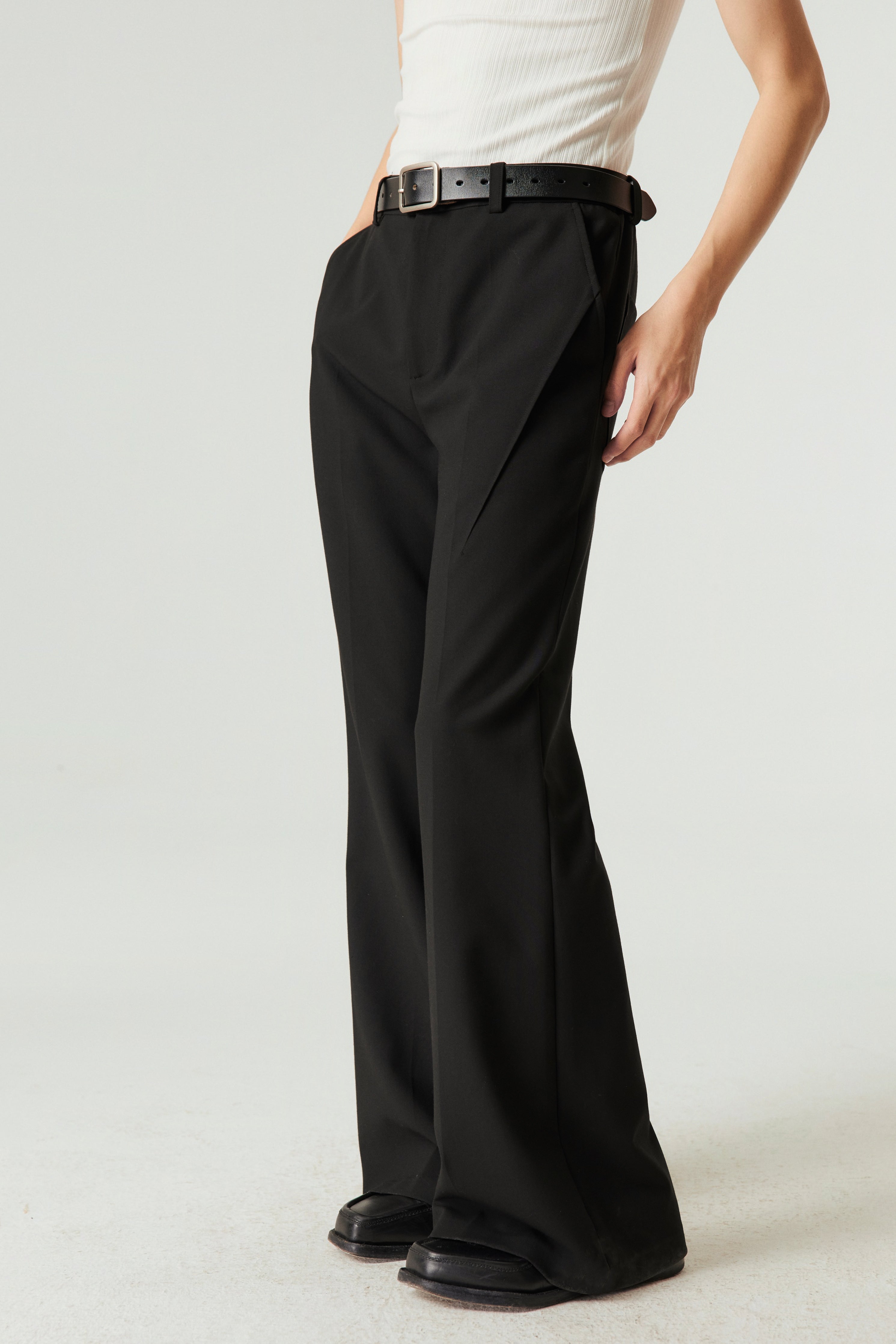 SIMPLE PROJECT MIXED FABRIC FLARE TROUSERS