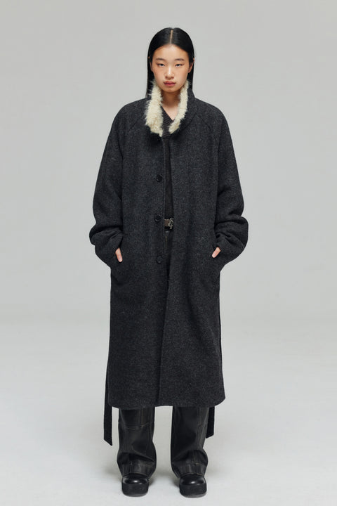 SIMPLE PROJECT WOOL PATCHWORK BELTED COAT