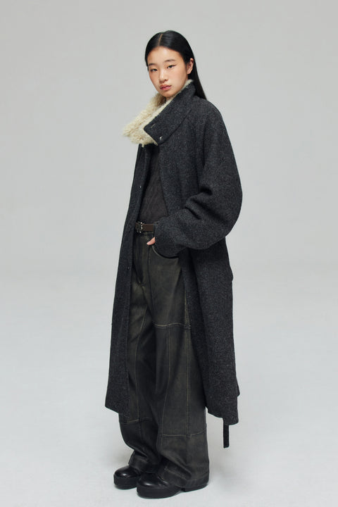 SIMPLE PROJECT WOOL PATCHWORK BELTED COAT