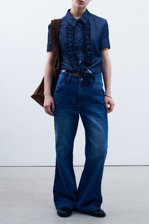 DOSORDONTS LACE-TRIM DENIM SHORT-SLEEVE SHIRT