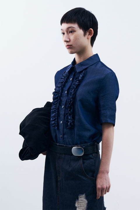 DOSORDONTS LACE-TRIM DENIM SHORT-SLEEVE SHIRT